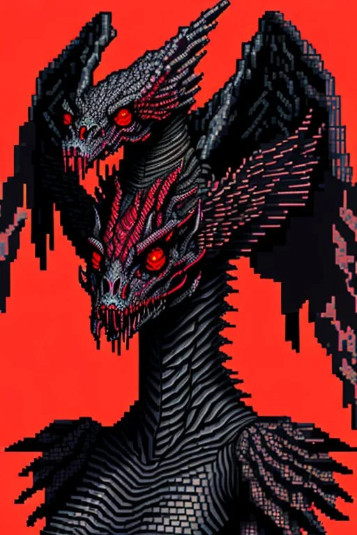 Reptilian angel, black scales and skin, shiny red eyes, scary, barf art, highly detailed pixel art, scifi, retro