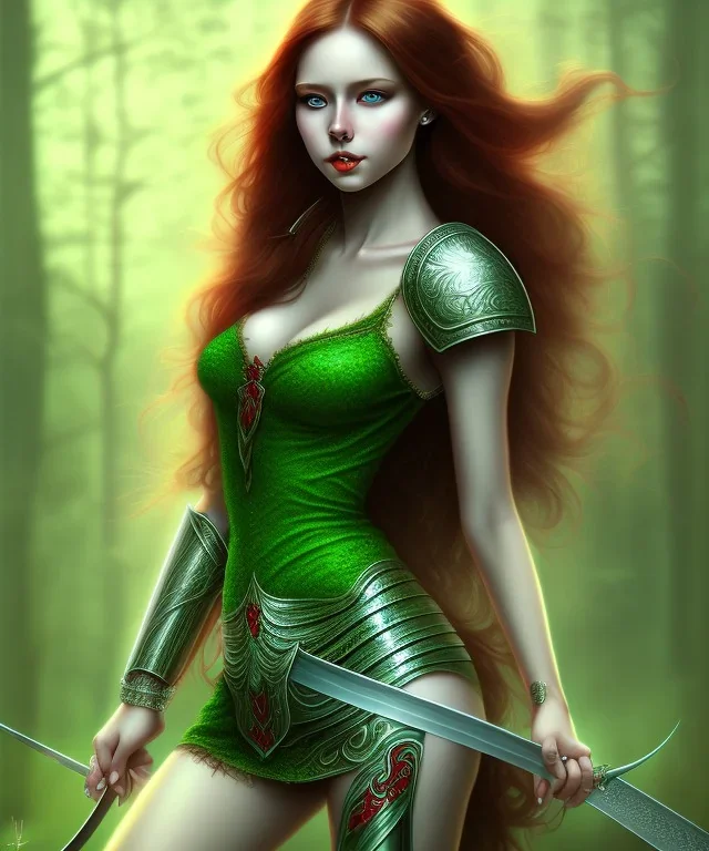 beautiful girl, red long hair, corsage, smile, green eyes, große oberweite, schwert, kriegerin at forest fantasy art