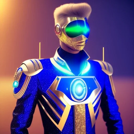 Handsome galactic man, glitter blue and white galactic suit with jewels, blond hair, blue eyes, cinematic lights, full details, hight quality, unreal engine 5, 4k, cosmic stars background