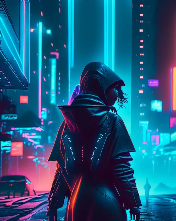 dust woman disappearing from the back dissapearing silhouetted by neon lights facing night futuristic city in photorealistic style, cyberpunk, ice blue neon signs, street level view, raytracing, depth of field, cinematic, highly detailed, rim lighting