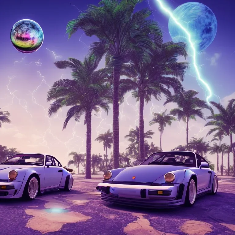 1980's aesthetic vaporwave palm trees and spheres and Porsche with lightning