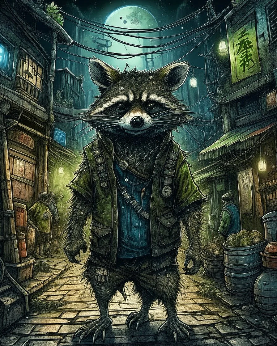 highly detailed concept illustration of an alternate reality ancient China racoon wanderer in dark street, maximalist, highest resolution, in the styles of Alex Pardee, Denis Forkas, and Masahiro Ito, boldly inked, 8k, coarse, gritty textures