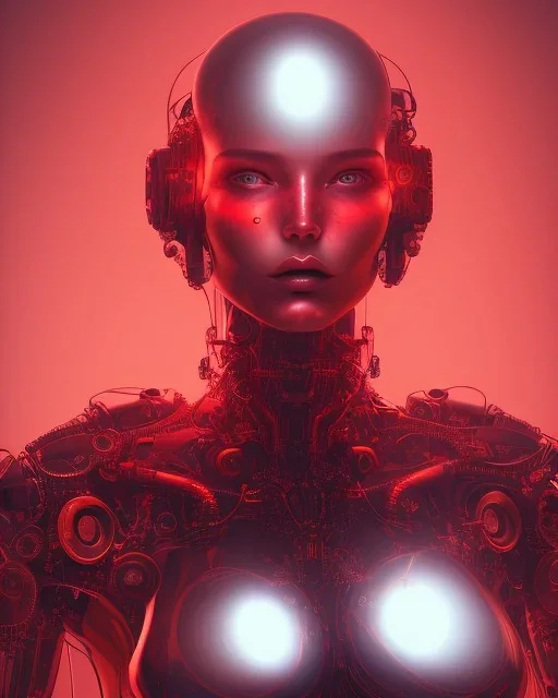 A beautiful portrait of a cyborg body women red color scheme, high key lighting, volumetric light high details psychedelic background