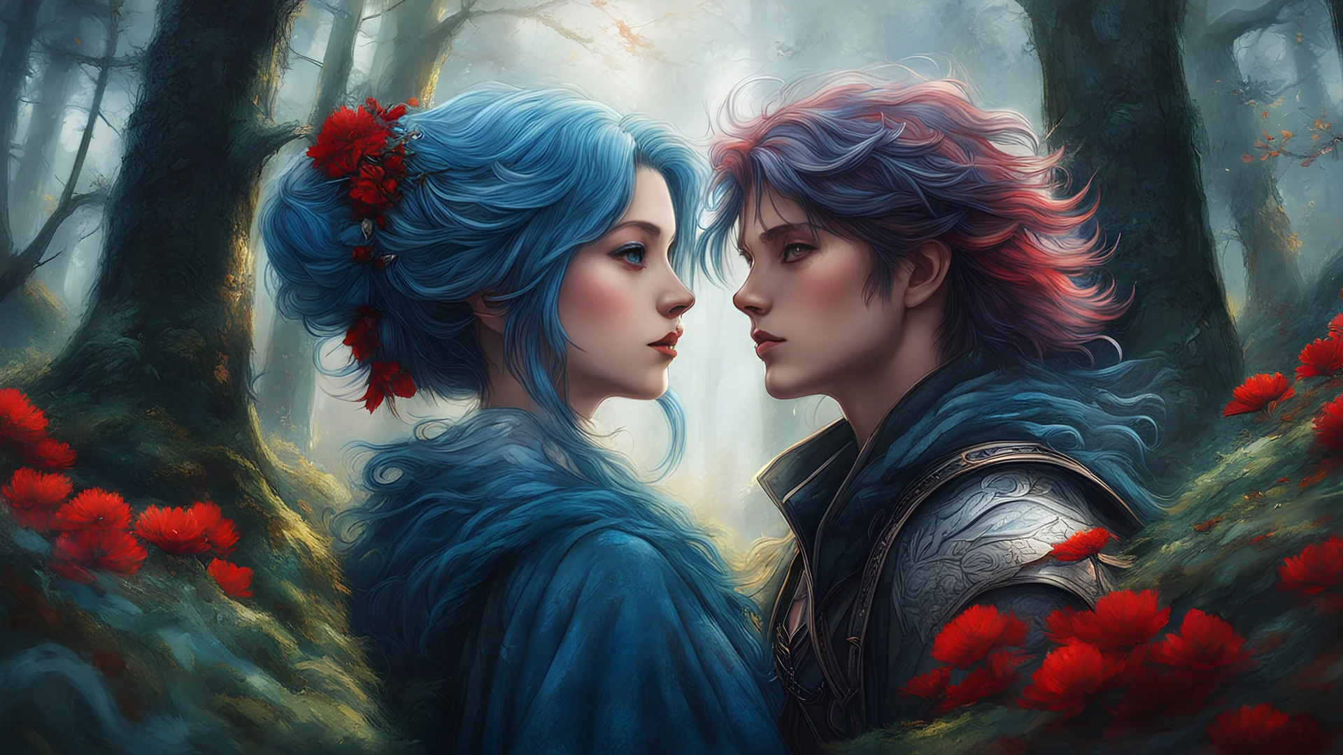 art by cameron gray Award-winning, 16K digital painting in the style of Yoshitaka Amano. perfect Detailed and intricate depiction of a europe perfect young guardian woman blue hair and young man red hair together, forest landscape, perfect masterfully capturing breathtaking of the scene. perfect Beautiful and cinematic composition make this piece a true masterpiece, trending on artstation perfect ultra highly detailed, detailed perfect digital painting, highly detailed, intricated, intricate