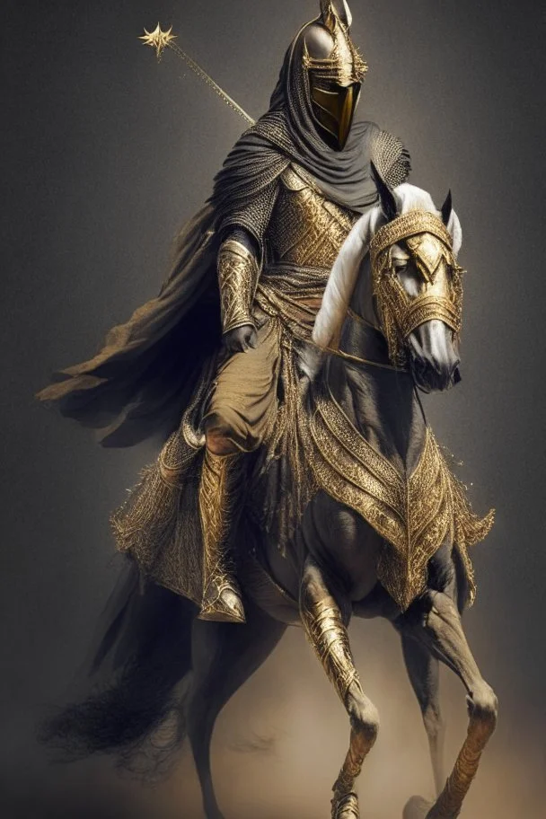 Arab warrior Full Body Full Armored Wearing Face Masculine Mysterious Powerful Fantasy High Quality Carrying his bow Golden clothes His horse behind him