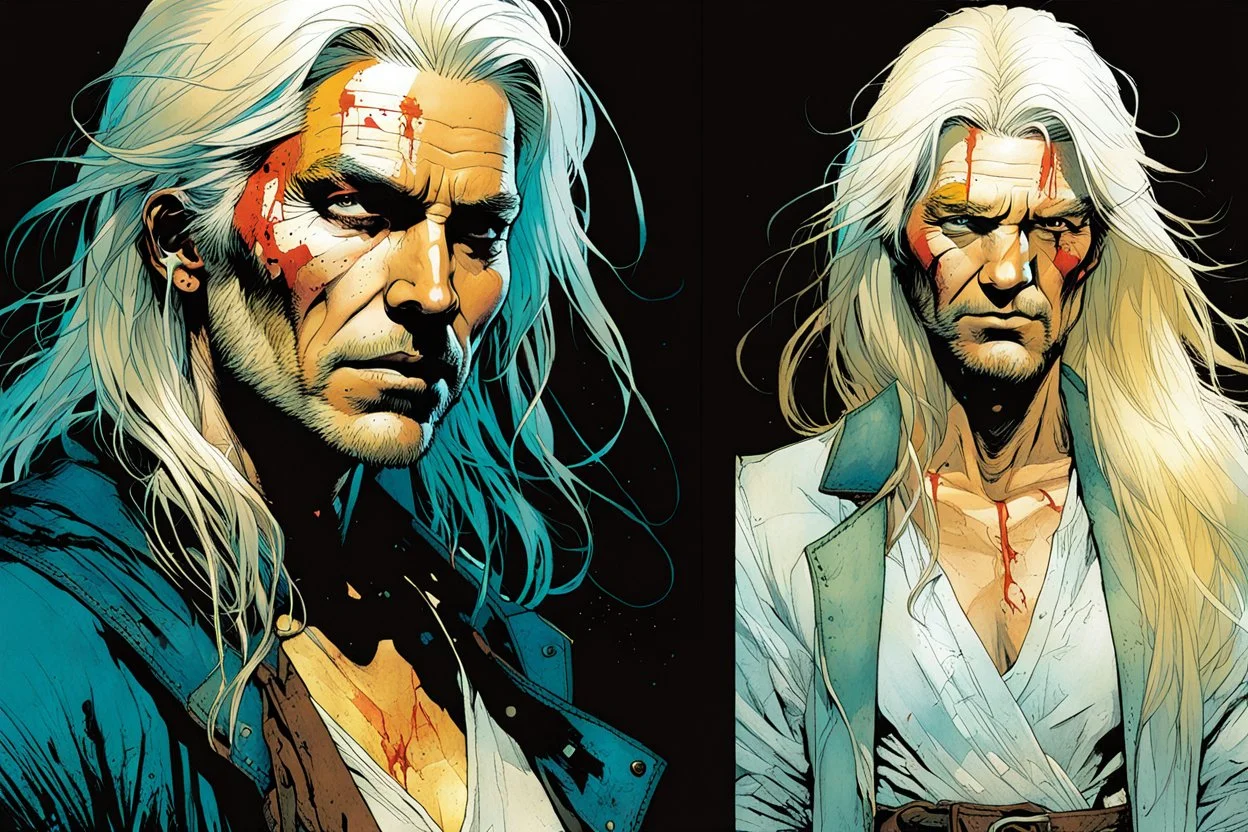 create an imaginative full body print illustration of an ethereal, otherworldly haggard, scarred, and grim, flaxen haired female grandmaster Witcher , in the comic book art style of Bill Sienkiewicz, Mike Mignola, and Jean Giraud Moebius, with highly detailed facial features , finely drawn, colored and inked,