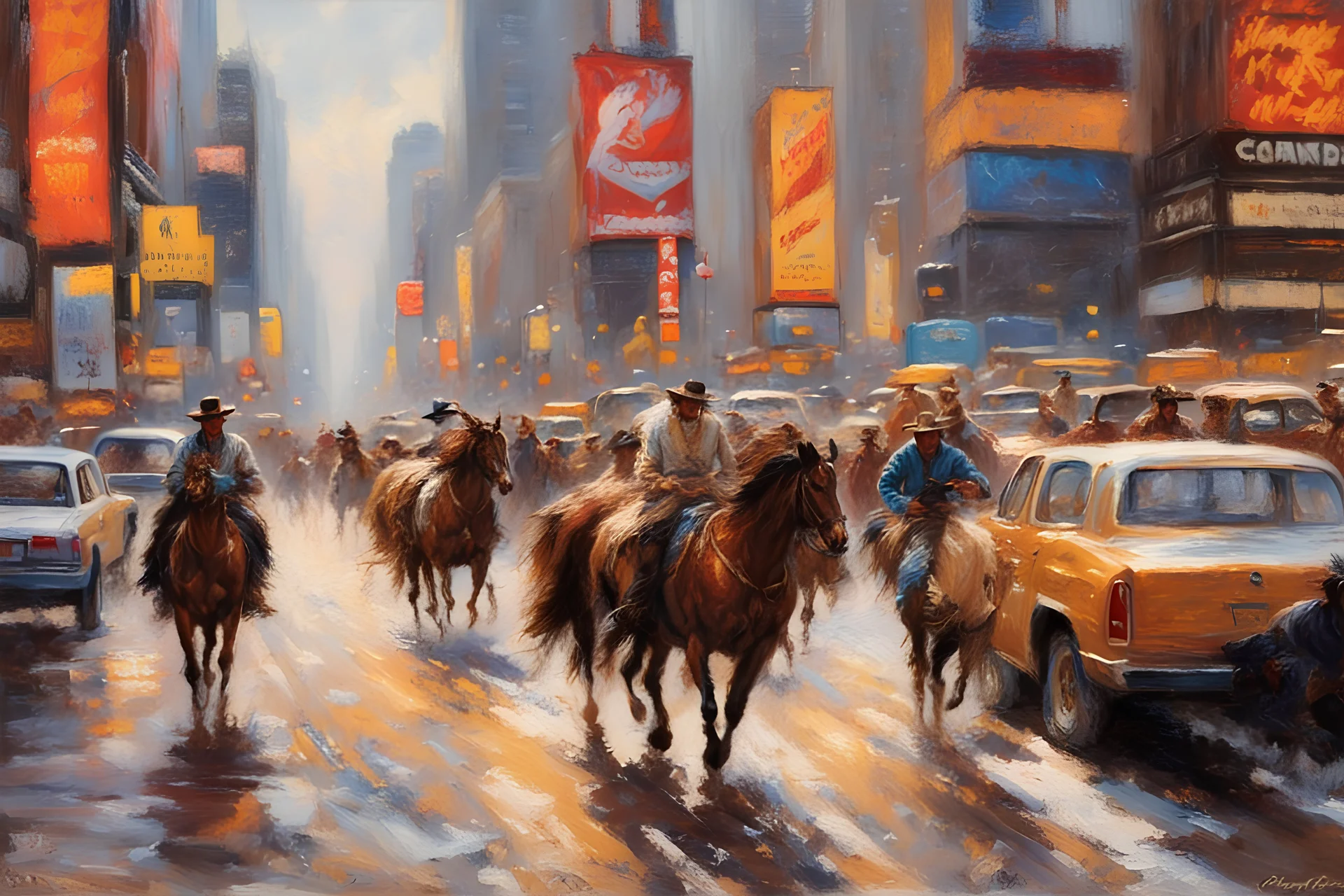 Howard Terpning oil painting tufting tapestry Times Square traffic