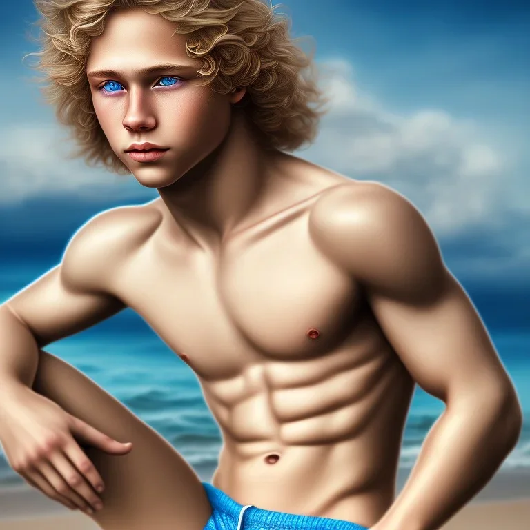 highly detailed, photorealistic, studio lights, full body image of a beautiful 12 year old boy with long, blonde curly hair and light blue eyes, smiling, shirtless, in front of an distant beach