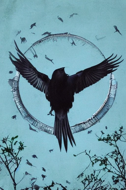 Aquarius zodiac sign, crows, blue, green, grey, hyper realistic