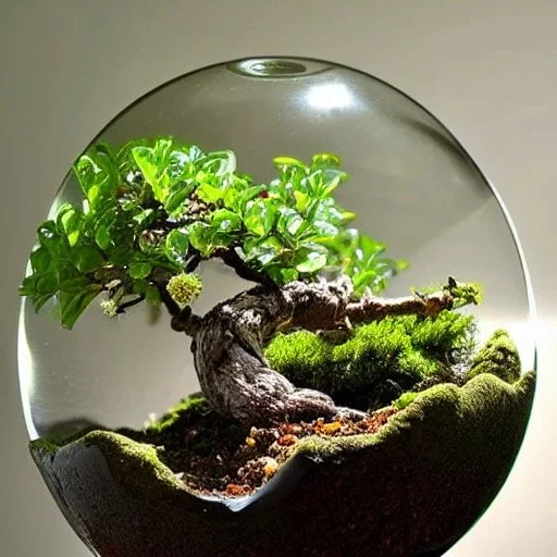 exquisite bonsai terrarium in a glass orb, petrified wood, pebbles, dewdrops, warm lighting, linen backdrop