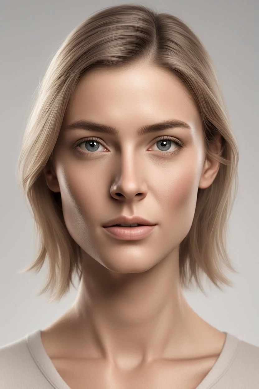 realistic, (29yr old female)without makeup, Caucasian beautiful face, angled head position, dark hair, studio lighting, cinematic light, beautiful woman, milk beige middle hair, perfect anatomy, on white background, 8k Resolution, highly detailed, non-symmetrical body a, detailed hairstyles and skin texture