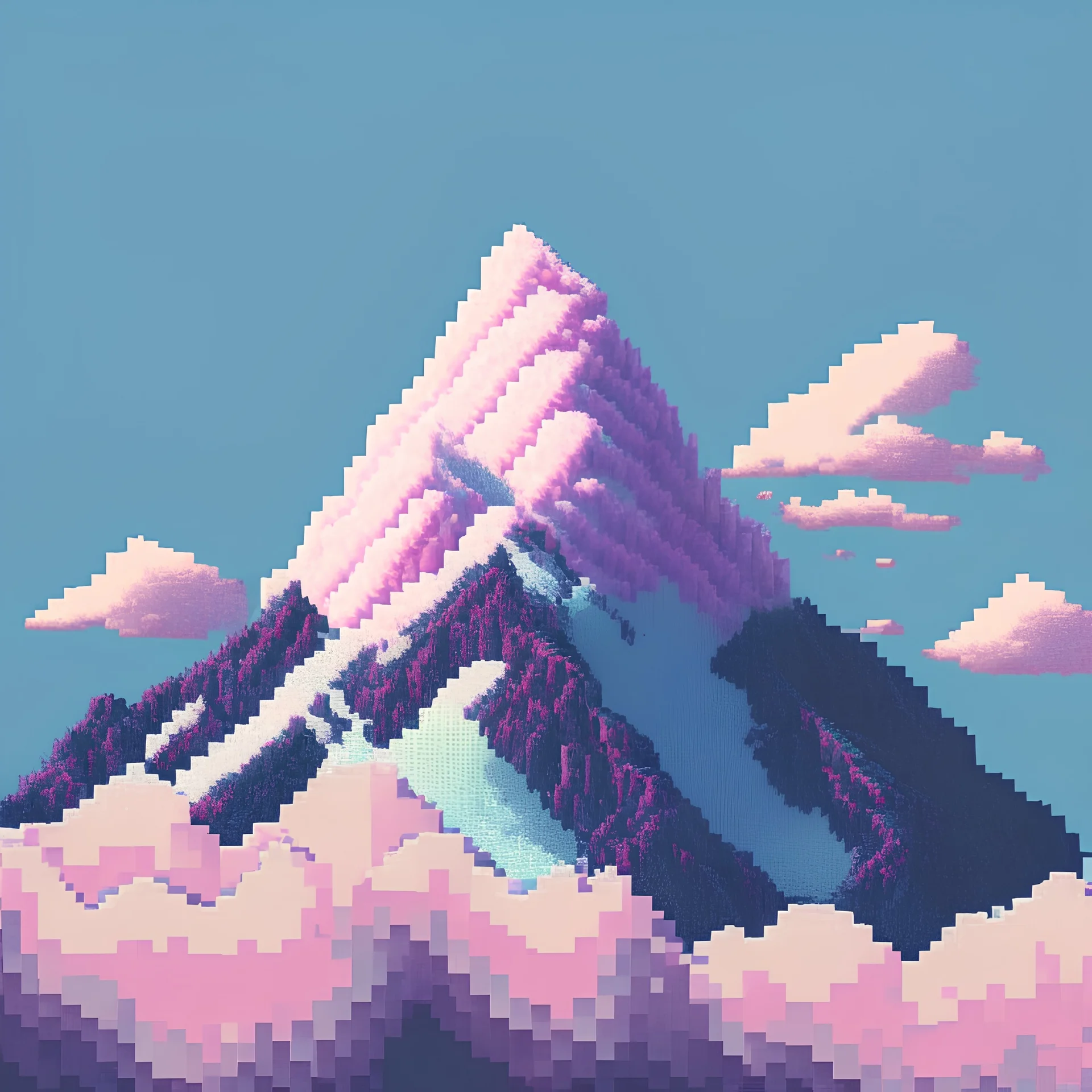 pixelated (16*16 pixels) image of a small mountain (which barely covers 25% of the image) and cotton candy colour sky