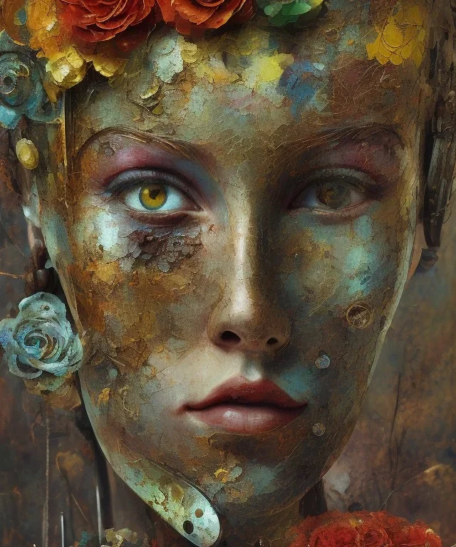  an abstract painting of rusted metal and flowers, rust, scaffolding, iron cladding, decay, mixed media, textured, anatomically correct, beautiful perfect face, sharp focus, highly detailed, injured face