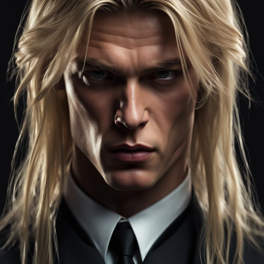 portrait of a malavolent stunningly handsome male aged 25, muscular, long blonde hair, wearing a dark suit, angry expression,4k, modern fantasy