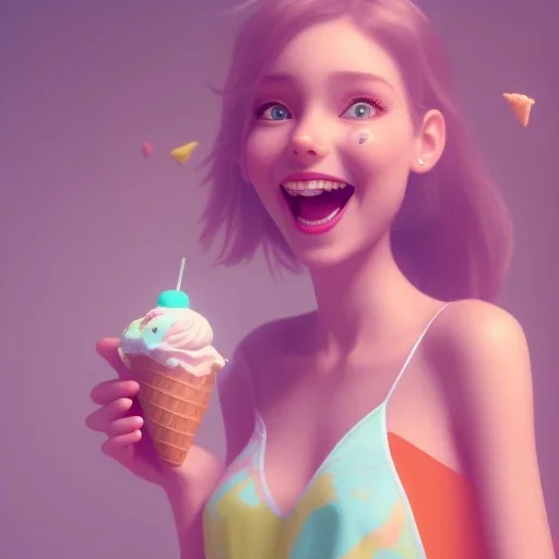 cute, adorable, smiling girl eating ice cream, candies flying all around her, Pixar, disney, cinema lighting, gaming, 8k, magic, love --q 1 --v 4