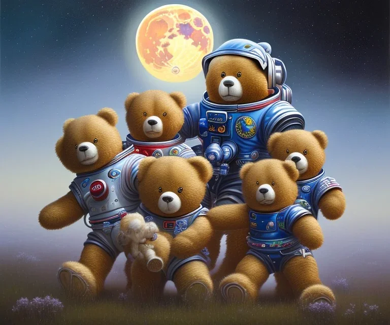 little boy and big teddy bears on moon. oil on canvas