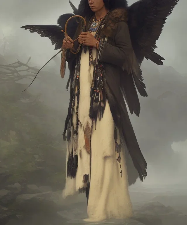 shaman, male native american, long black hair, black hooded coat like wings, 8k resolution concept art portrait by Greg Rutkowski