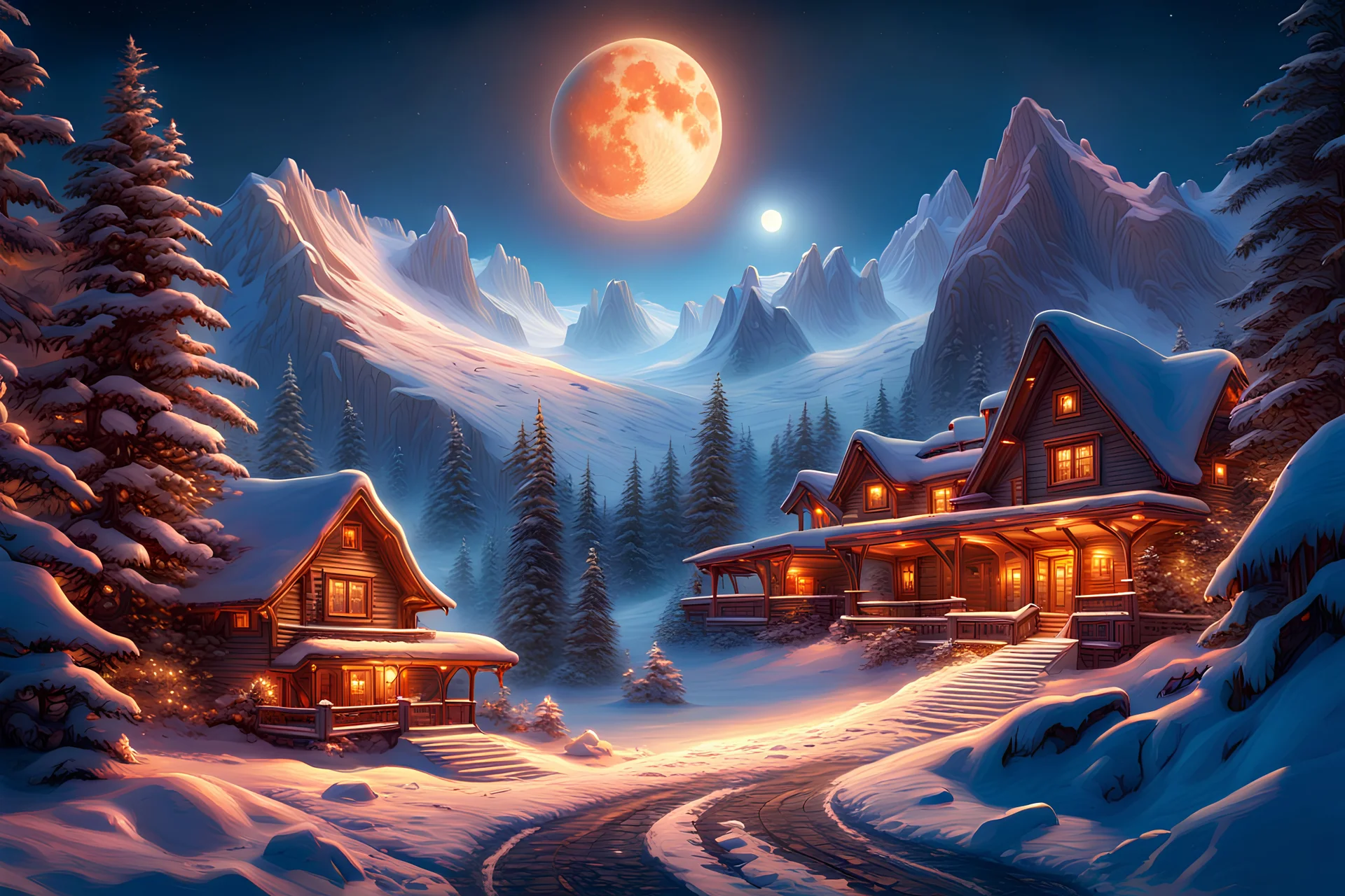 Fantastic, lunar, alien, unusual, starry, winter, mountain resort, high detail, complex details, high resolution, clear quality, beautiful lighting, spectacular lighting, deep shadows, warm colors, warm light, Thomas kincaid, Dmitry Vishnevsky, Elegant, 8k, Oil on canvas, Super detailed, 4K 3D, Clear quality, Colorful, Very cute