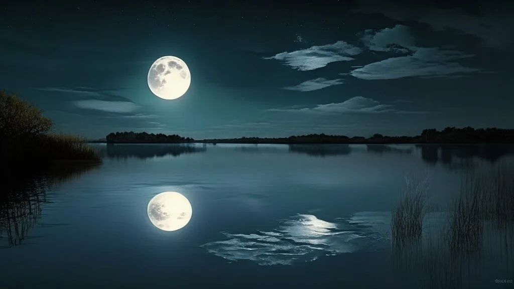 evening atmosphere calm and solitude, lake + moon, horizon + wind