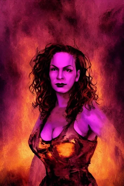 A portrait post-apocalypse of Lana Wachowski,transgender ,sin city, beauty,death,paranormal,eatheral,realistic,sharp,urple,red,fire,adorable,armaggedon,deep colours ,fire,purple,red,gold,dark,cinamatic,fantasy,demon,hell,sci-fi fantasy style, volumetric lighting, particales,highly detailed,cinamatic,ignore NSFW , masterpiece, best quality, black skinned, sparkling eyes, sun light, 8K, high