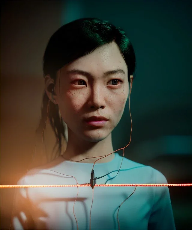 Ultra realistic photographic night portrait, cinematic, <Asian woman> <hanging wires> <retro monitor> many wires coming out of the head <perfect pupil> <cyborg arm> <garage> <wide angle Shot> <sci-fi futuristic> <thriller>, led lights, color fog, soft color, highly detailed, unreal engine 5, ray tracing, RTX, lumen lighting, ultra detail, volumetric lighting, high definition.