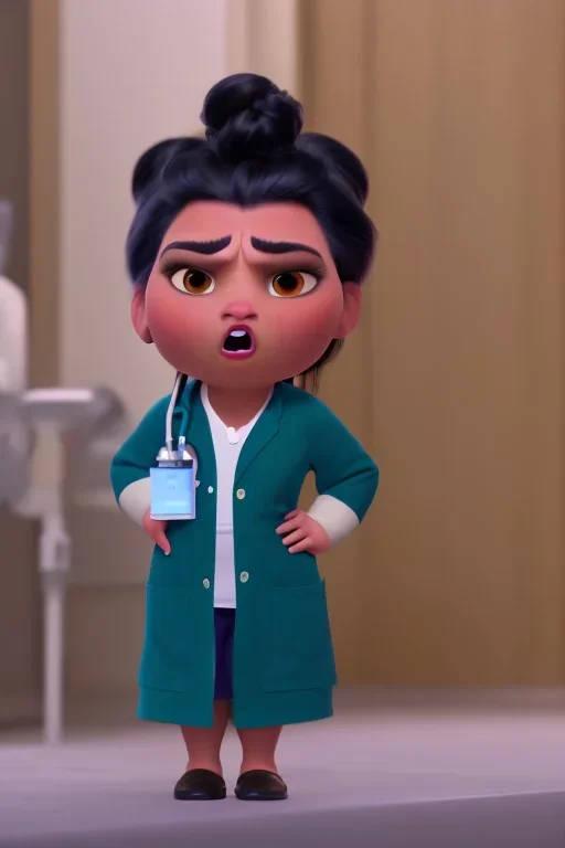 Angry woman in a doctor's coat with a high black bun