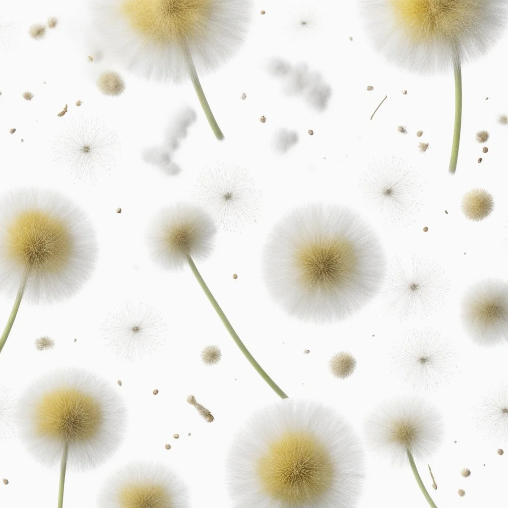 scattered powder on a white background, dandelions scattered nearby, top view