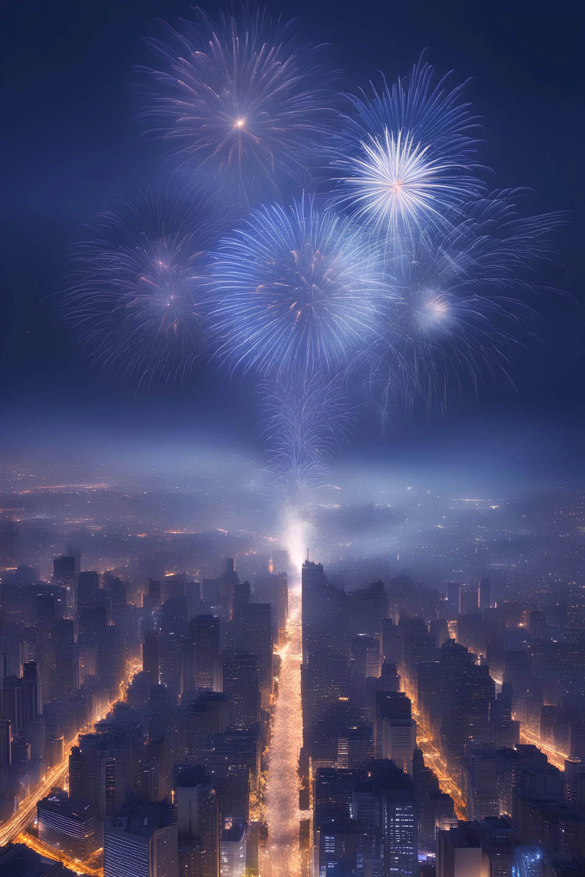 A huge city with blue fireworks over the skyine. beautiful night