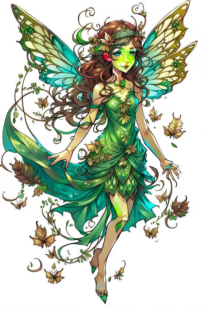Forest fairy with iridesand teal wings and a cute short leaf dress and pointed ears and multiple vine earings and ear cuffs flying through a mythical forestand brown wavy hair trailing her