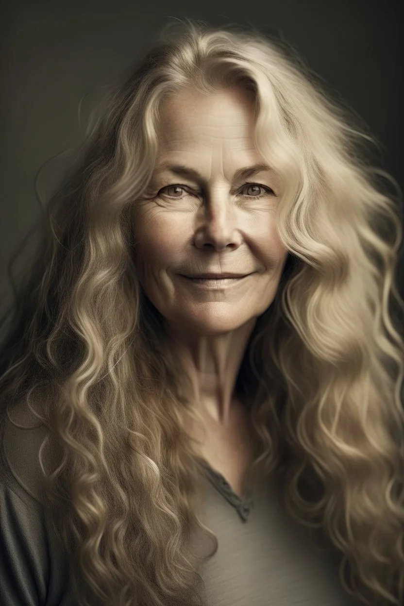 portrait of a beautiful 50 year old norwegian woman with long blond wavy hair, curvy body, earthbound, warm-hearted