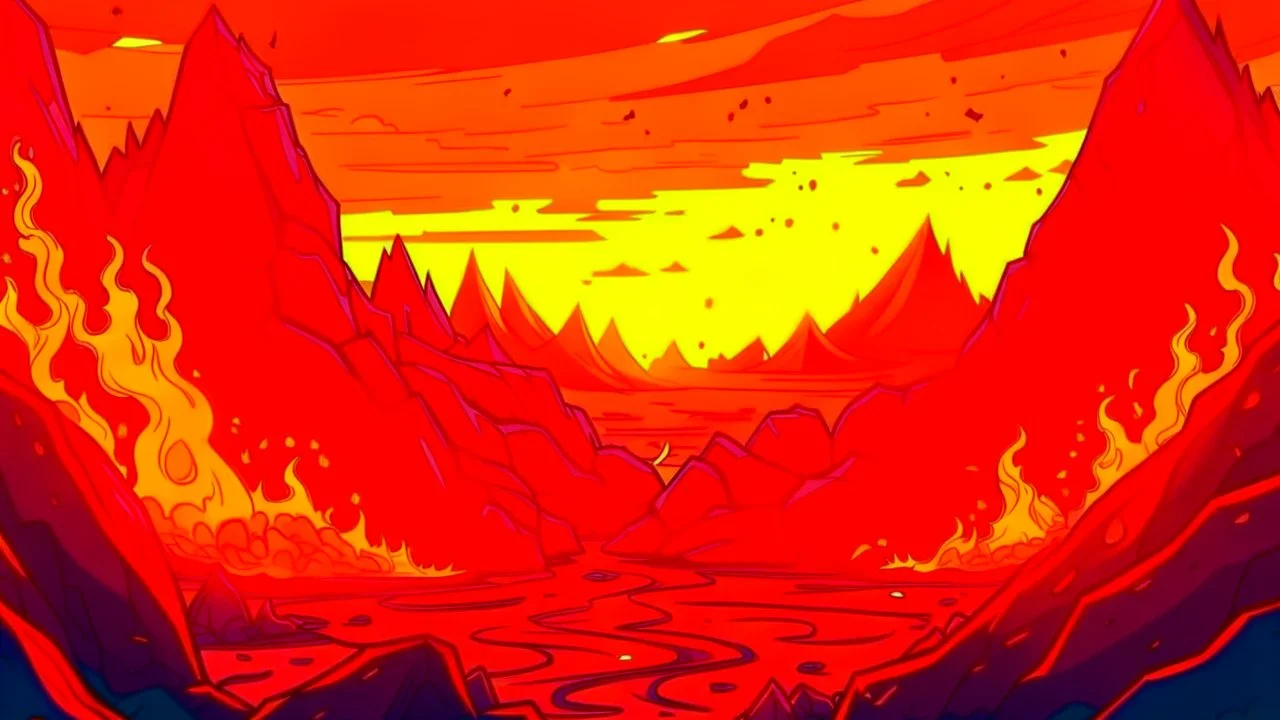 comic style fire, lava & steel landscape