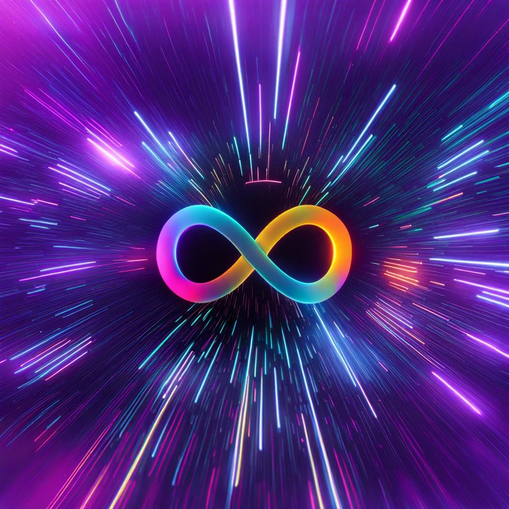 infinity symbol ∞ moving at warp speed, in space, striking, neon, chiaroscuro, dramatic, captivating, powerful, fantasy, beautiful, octane render, 16k post-production, artstation: award-winning: atmospheric: commanding: fantastical: clarity: ultra quality: striking: brilliance: stunning colors: amazing depth; lens: f/11, 35mm