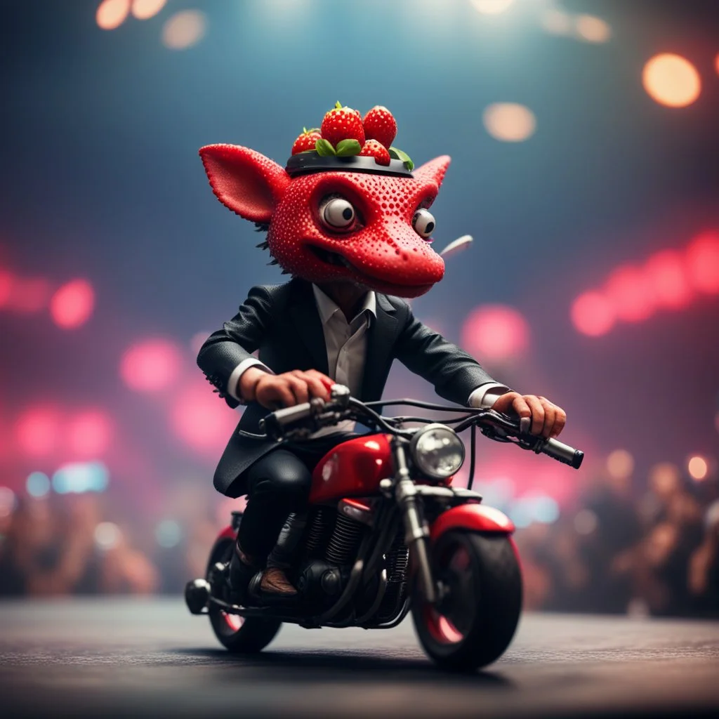 heavy metal kobold strawberry beast business man on motorbike wearing black helmet, in spots on concert stage ,bokeh like f/0.8, tilt-shift lens 8k, high detail, smooth render, down-light, unreal engine