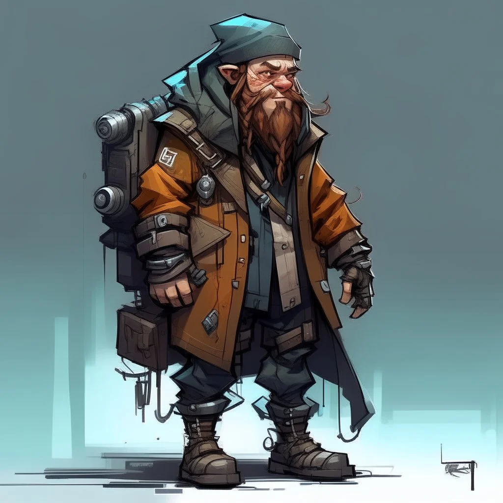 street cyperpunk dwarf with cybernetic legs, dressed with a coat and beanie