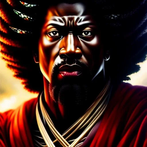 Ultra detailed fullbody Portrait in oil on canvas of AFRO SAMURAI merges with Avenger Ronin,intense stare,extremely detailed digital painting, extremely detailed face,crystal clear Big eyes, mystical colors ,perfectly centered image, perfect composition, rim light, beautiful lighting,masterpiece,8k, stunning scene, raytracing, anatomically correct, in the style of robert e howard and Ken Kelley and Ohrai Noriyoshi and Simon Bisley and tomzj1