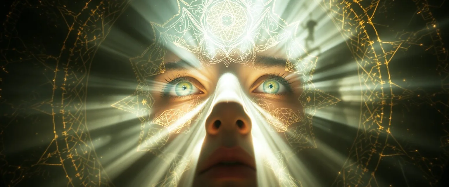 close up on the soul in the gaze of abraxas, interdimensional portal, sacred geometry of light through volume fog