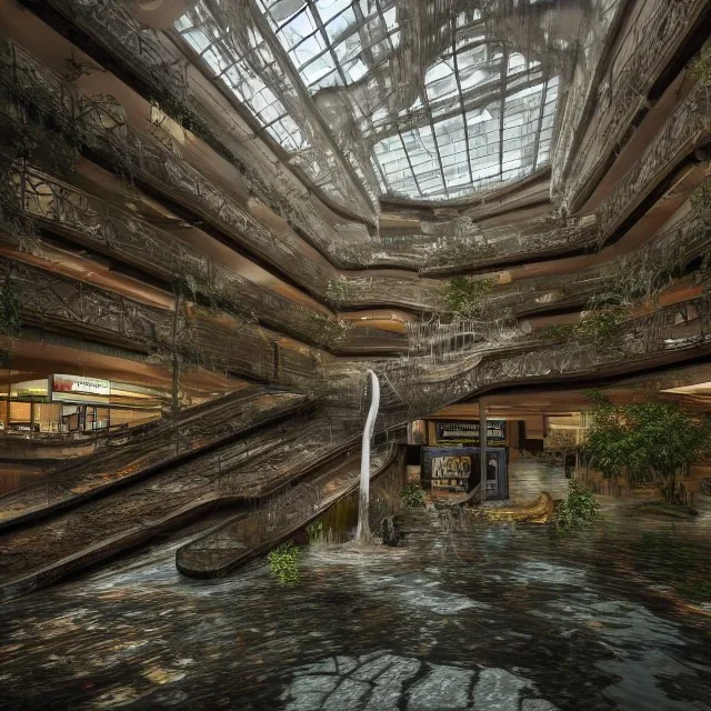 abandoned shopping mall, flooded, escalator, crumbling, ovetaken by nature, 8k resolution, 3D octane render, intricate, sharp, crisp, digital art, detailed matte, volumetric lighting George Grie, Anne Dittman, Anne Stokes, Lisa Parker, Selina French, greg rutowski