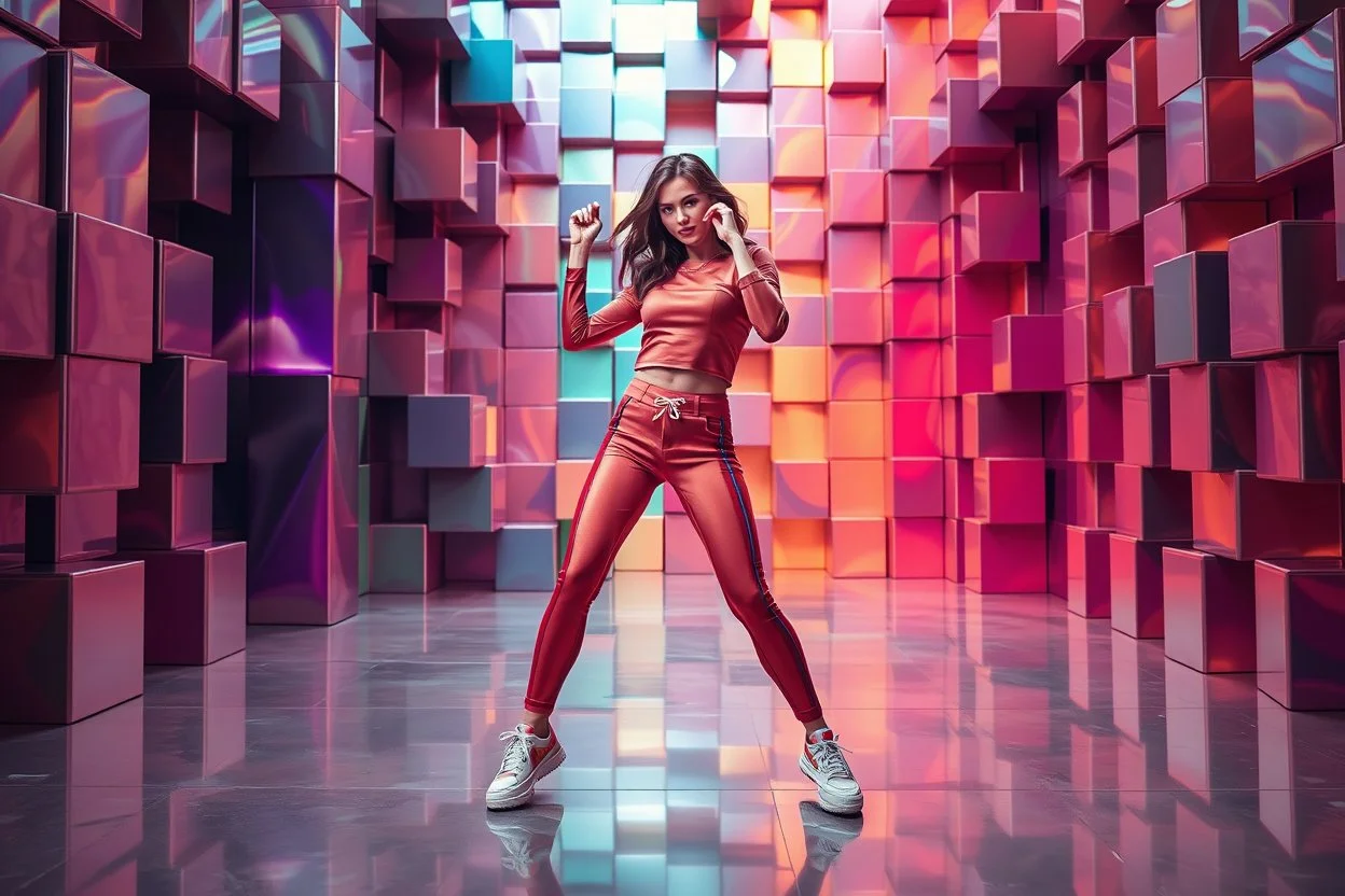 beautiful lady with todays modern clothing and sport shoes, in surreal stage made of fractal random size objects with helical strip colors in clothing similar to environment full body dancing to camera,animating background metallic random color cubes