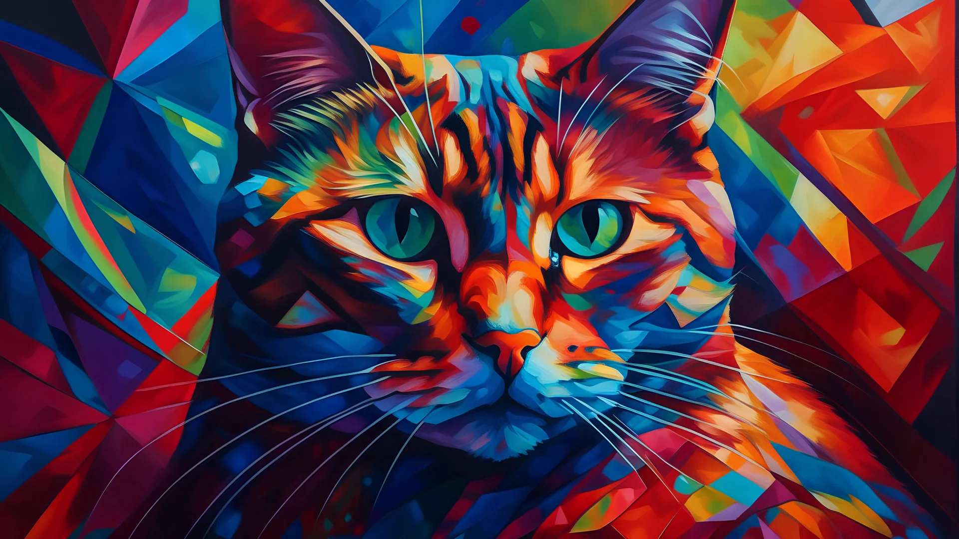 Develop a dynamic and energetic painting of a cat surrounded by a kaleidoscope of colors and abstract shapes, shot on a Fujifilm X-T4, 50mm lens, f/2.0 aperture, in the soft light of dusk, drawing inspiration from impressionist techniques.