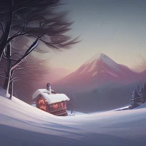 "Create an image of a tranquil mountain landscape covered in a blanket of snow. Include a cozy log cabin with smoke gently rising from its chimney and a clear, starry night sky overhead."and pink."