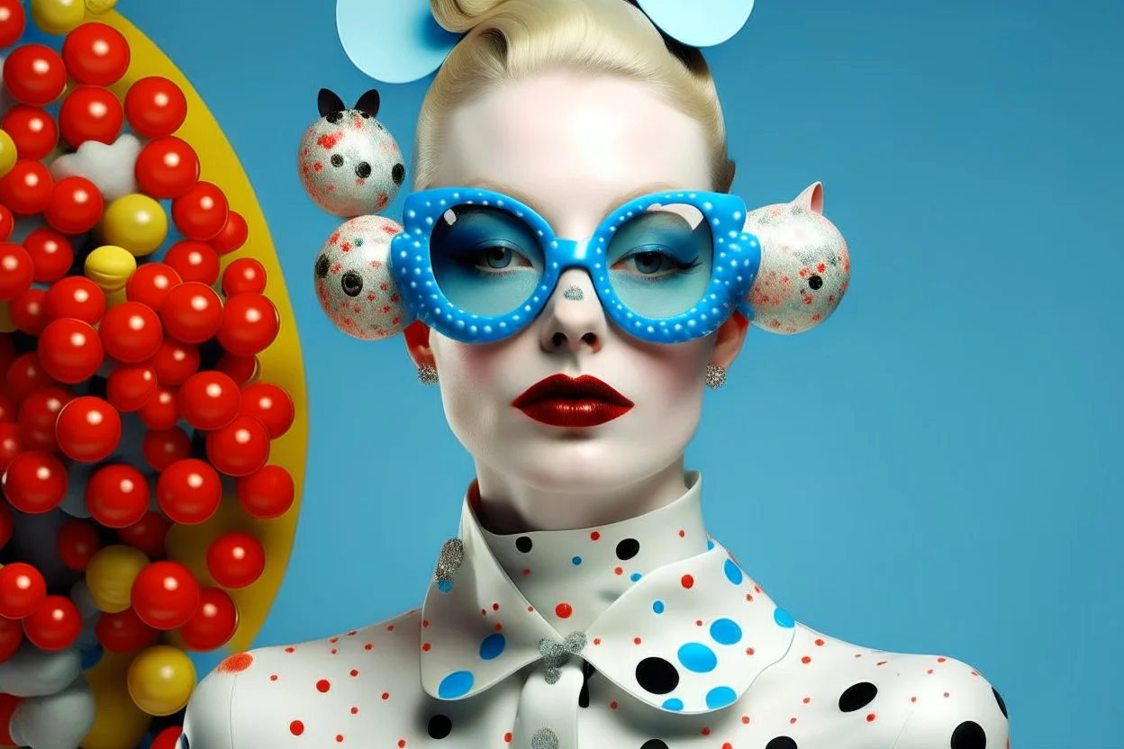 ront portrait photography, transparent porcelain printed with multicolor pop polka dots, pop courreges air hostess cat woman mask with sunglasses, an attractive, 80 degree view, art by sergio lopez, natalie shau, james jean and salvador dali