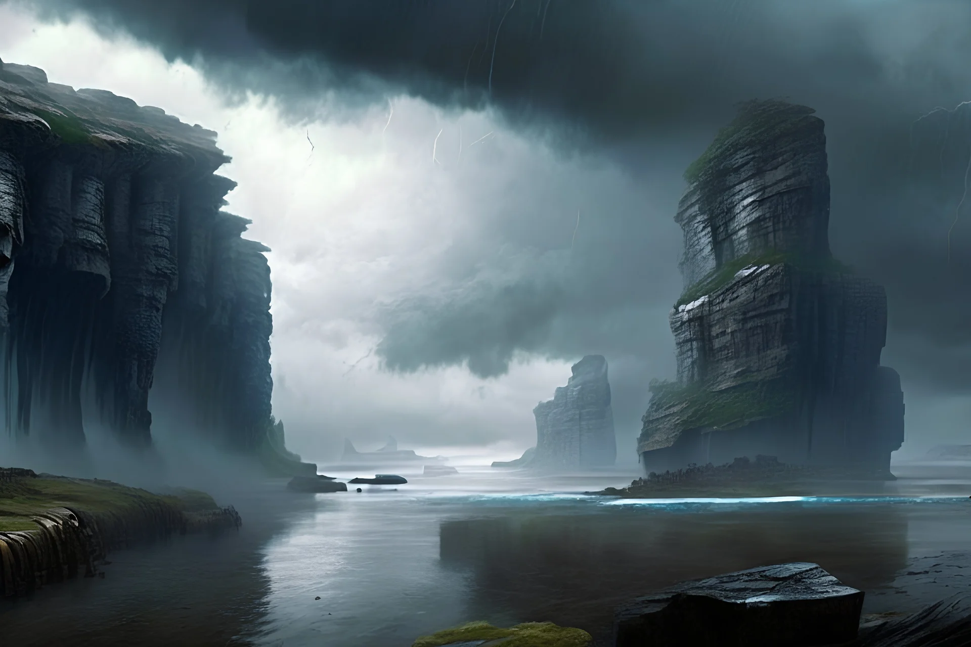 cloudy day, cliffs, river, beyond and trascendent influence, sci-fi, inmersive, very epic, distant cliffs, hd