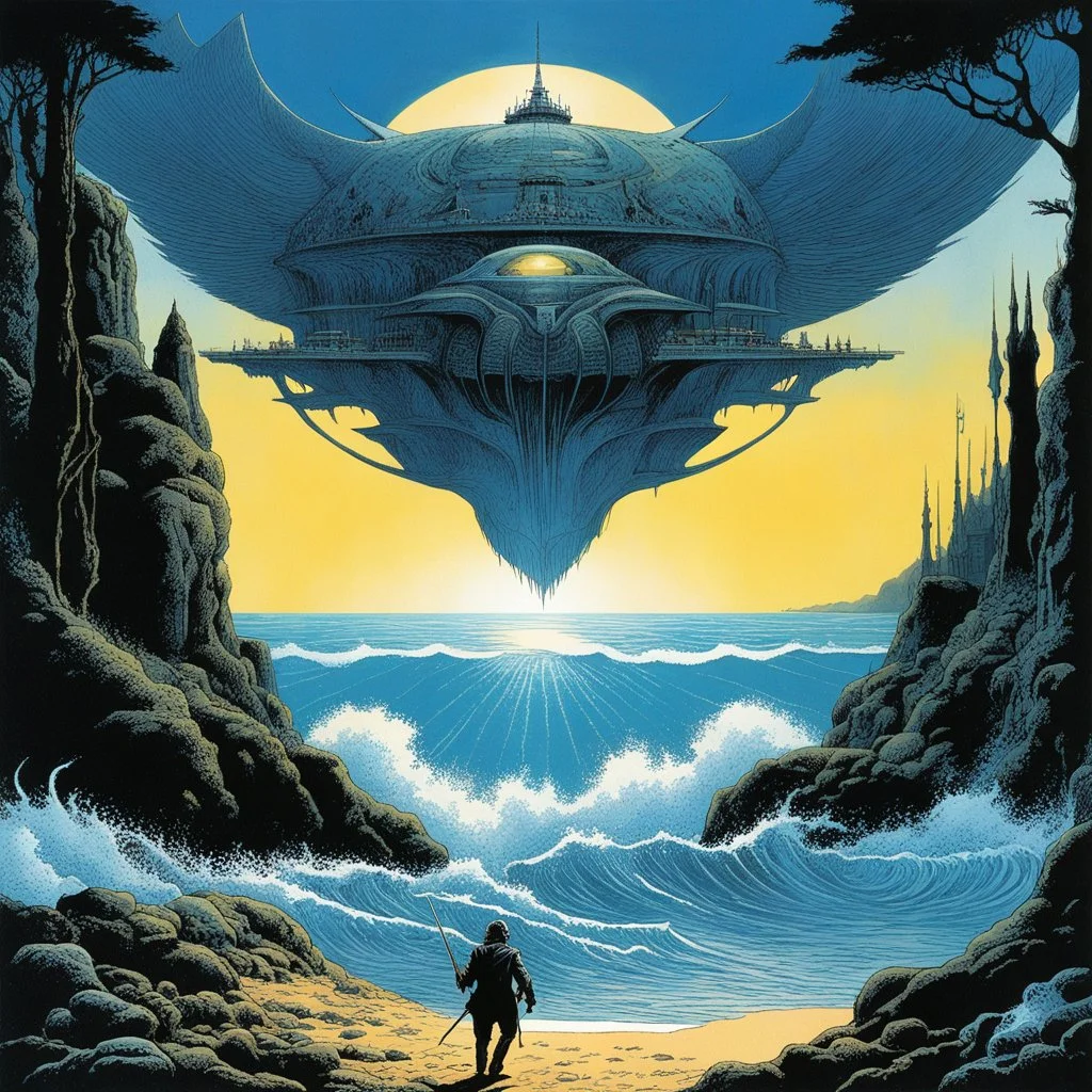 (art by Philippe Druillet's Délirius, 1973, written by Jacques Lob) Ah, la conspiration d'Hossegor... un mystère planant tel une vague sur l'océan. Qui donc ose contrôler les caprices de la marée dans ce coin reculé? Le Projet Vagabond, telle une chimère insaisissable, semble orchestrer les forces élémentaires. Quant à La Nord, ce canal secret, un véritable labyrinthe aquatique où se cachent des vérités indicibles. Plongez dans ce récit envoûtant, où le mystère danse avec les flots et où la véri