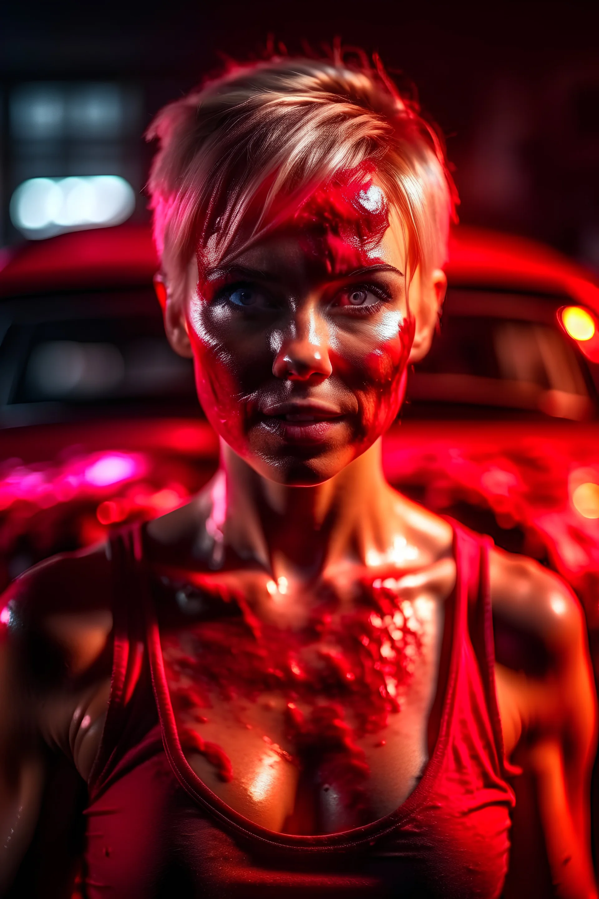 muscular blonde woman, short hair, covered in translucent red slime, standing in front of burning car, creepy lighting, 8k uhd, breathtaking masterpiece, intricate film grain, ultra realistic wallpaper, sharp focus bokeh, studio quality perfectionism, by hellraiser