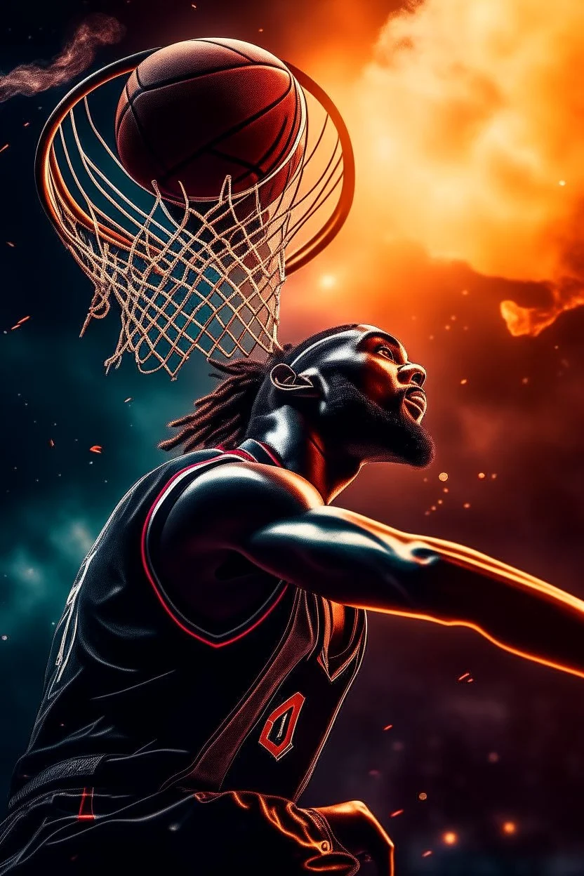 8k, highly realistic and detailed image of a NBA basketball player in action dunking the ball in the net, sweaty hair, screaming look,action and smoke and flames background