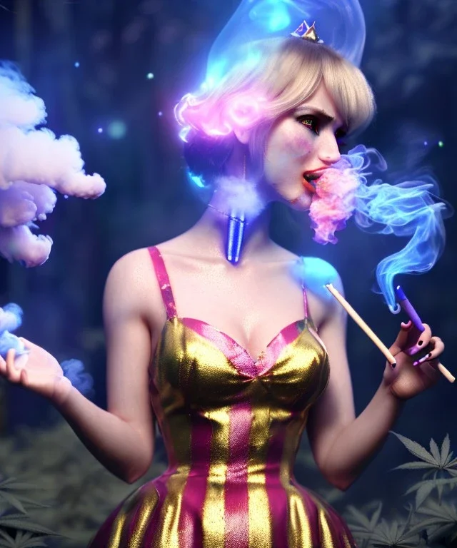 Ultra realistic wonderland photo, happy blonde woman smoking a shisha, blue dress, big purple-cat friend, circus dress style, old school tattoo, smoke, marijuana garden, glow eyes, perfect iris, soft color, highly detailed, unreal engine 5, cinematic, ultra detail, volumetric lighting, high definition.