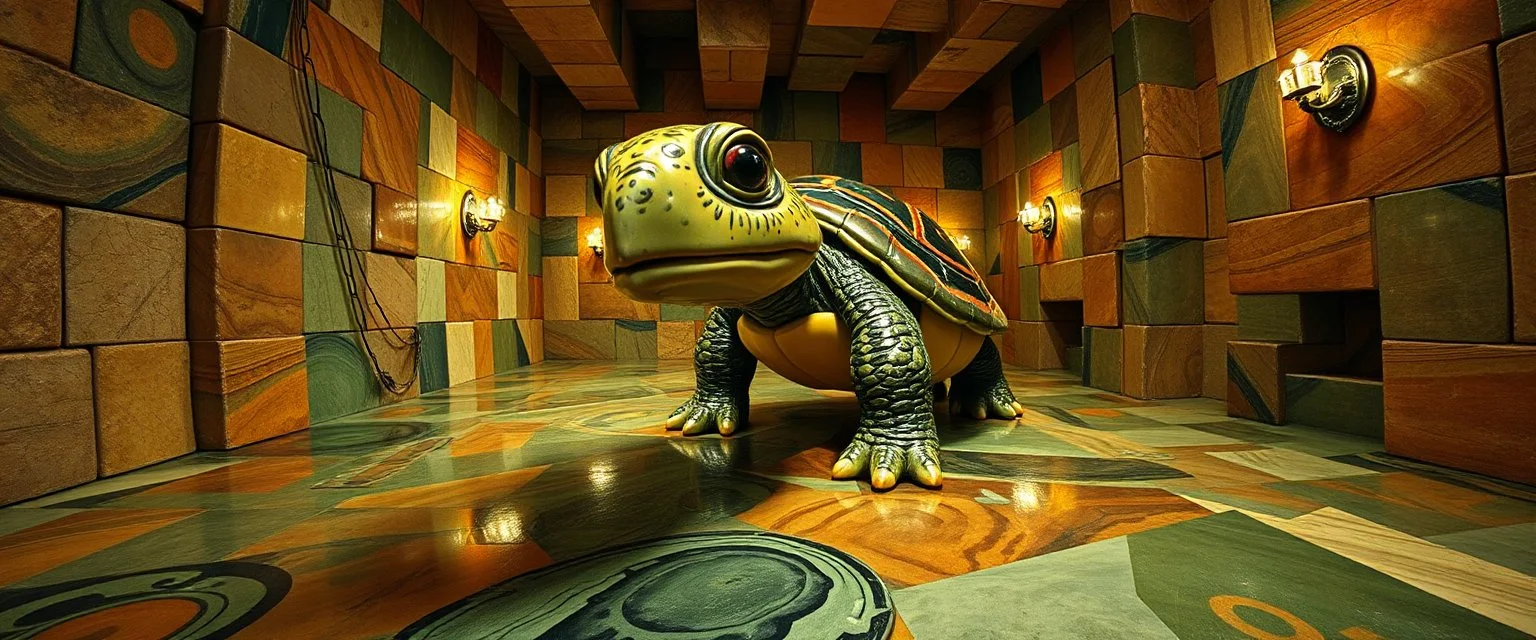 pin hole cam , master oil painting by Rembrandt, reflective marble madness opera turtle character portrait, a living bowling marble halls with slightly tilted floor in a twisted block maze, scenery from the game "marble madness", crystal birds, the floor betrays, the walls collide