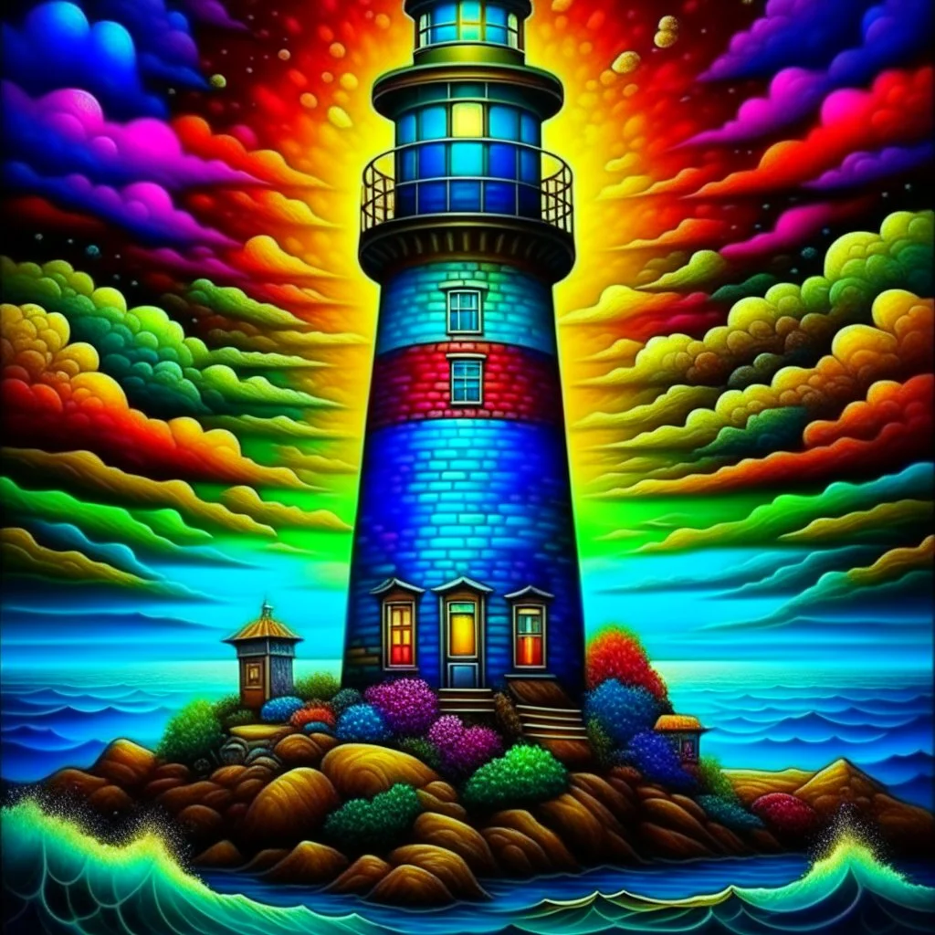 Beautiful lighthouse colorful art Deco, amazing artwork, hyper detailed, ultra maximalist quality, 12k