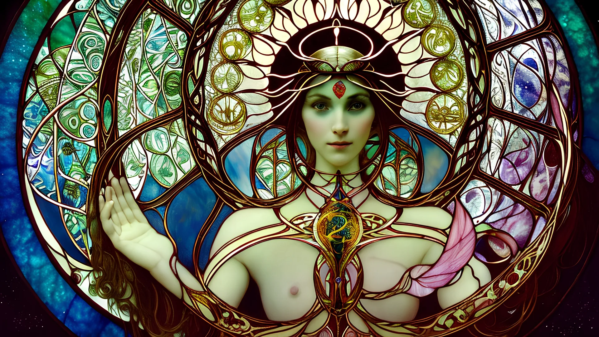 art by Alfons Mucha and Patrick Woodroffe, stained glass motif, bilateral symmetry, Ouroboros, infinity symbol, mystical, mechanistic, metaphysical, serpentine, cosmic, nebula, HD 4K, sharp detail, photo-realistic, octane rendering, award winning photography, cinematic lighting