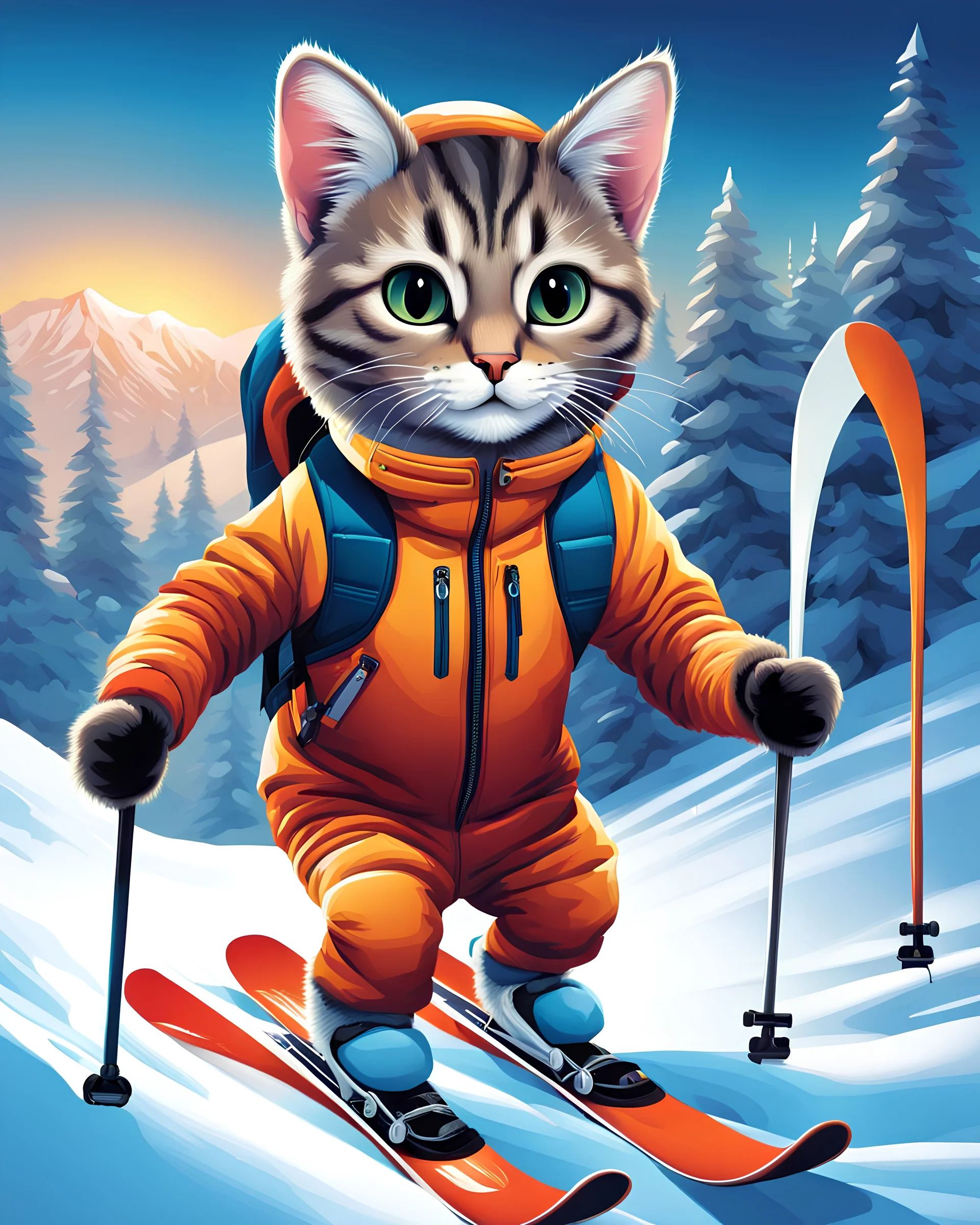 Hermosa Pintura coloreada de un gato antropomorfico con traje de esquiador, esquiando en la nieve, calidad ultra, hiperdetallado,12k, arte lineal